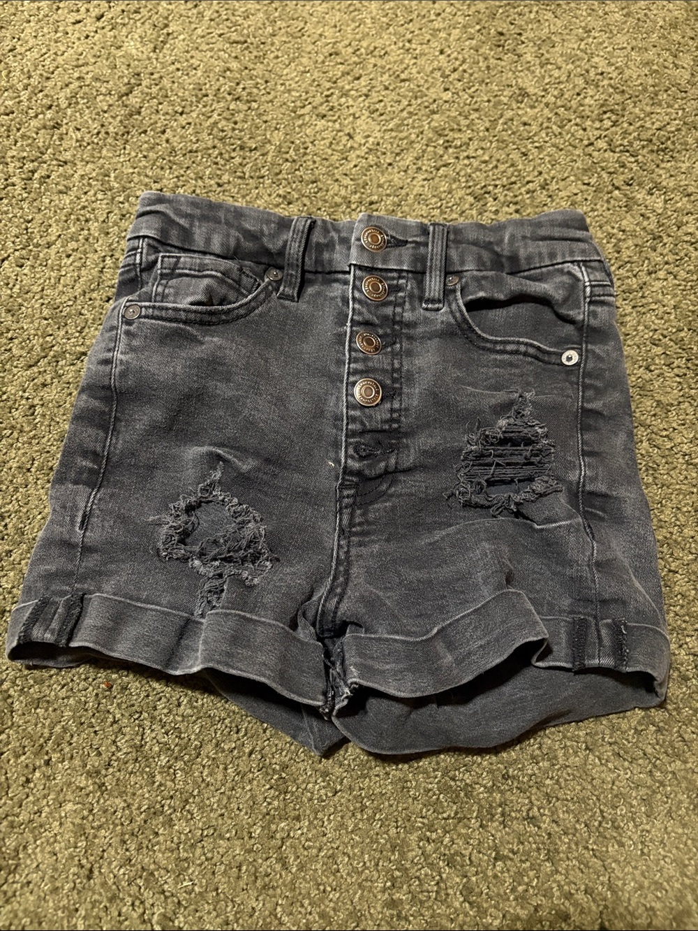 High-Waist Distressed Jean Shorts in Charcoal